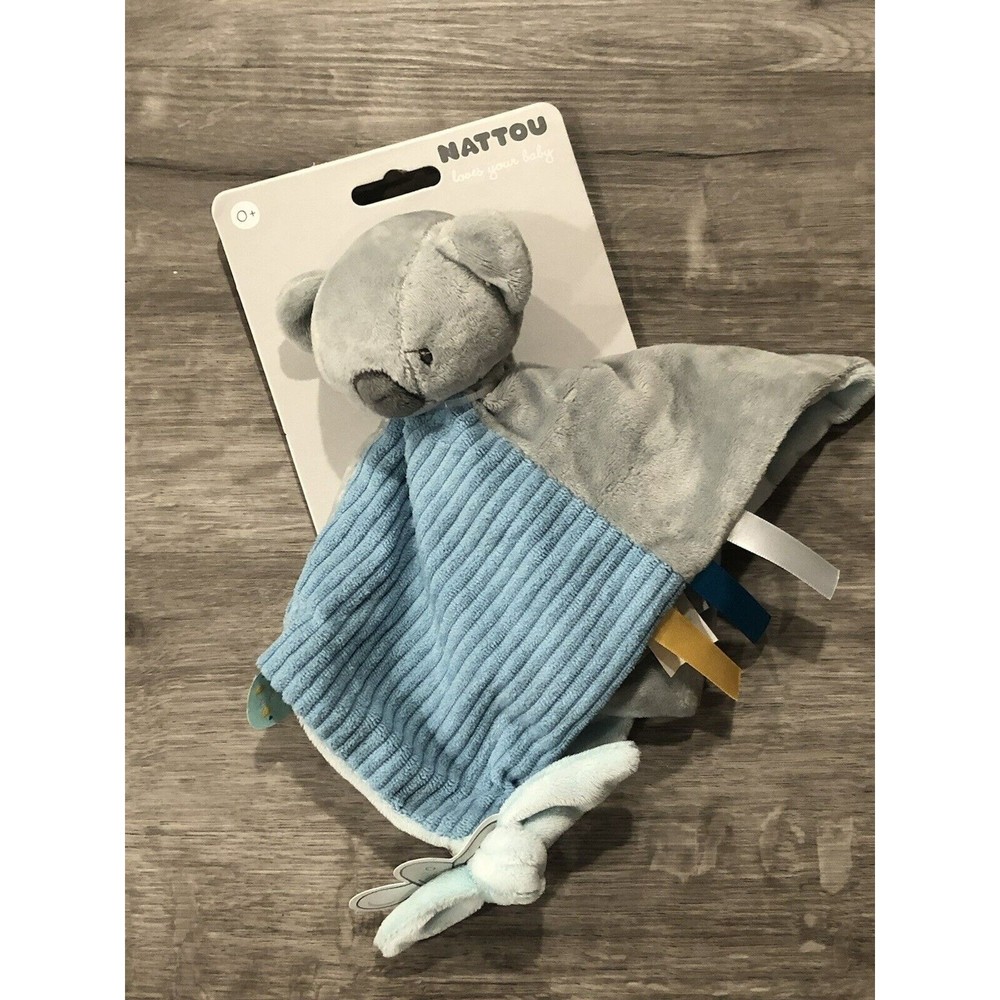 New NATTOU Baby Lovey Security blanket knot pacifier holder Koala Bear Blue Gray